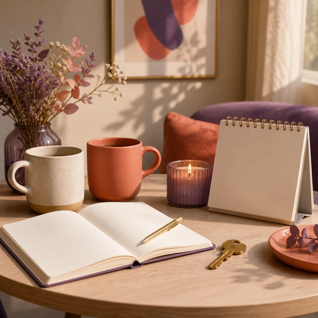 Carnets, tasses, calendrier vierge et clé symbolisant les critères de compatibilité d’un couple