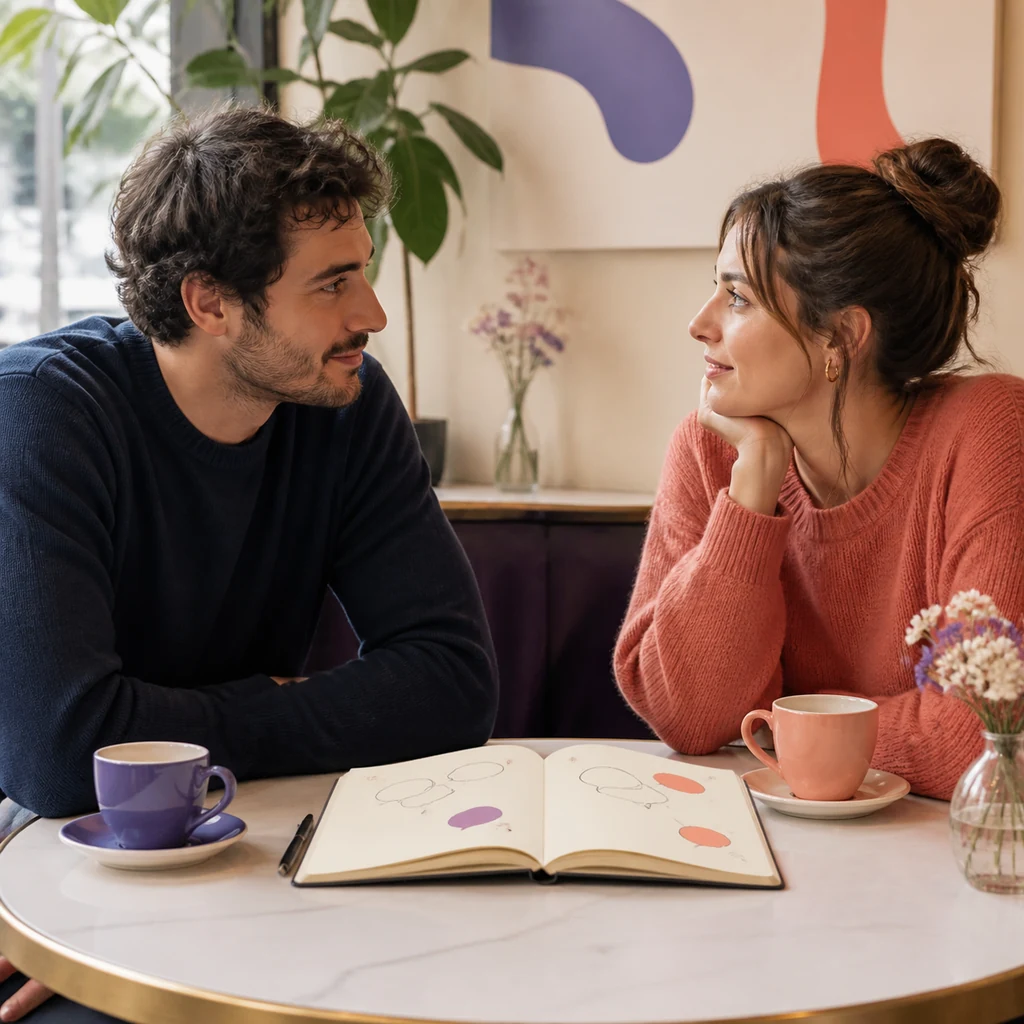 Deux partenaires discutent autour d’un carnet pour réfléchir à leur compatibilité amoureuse