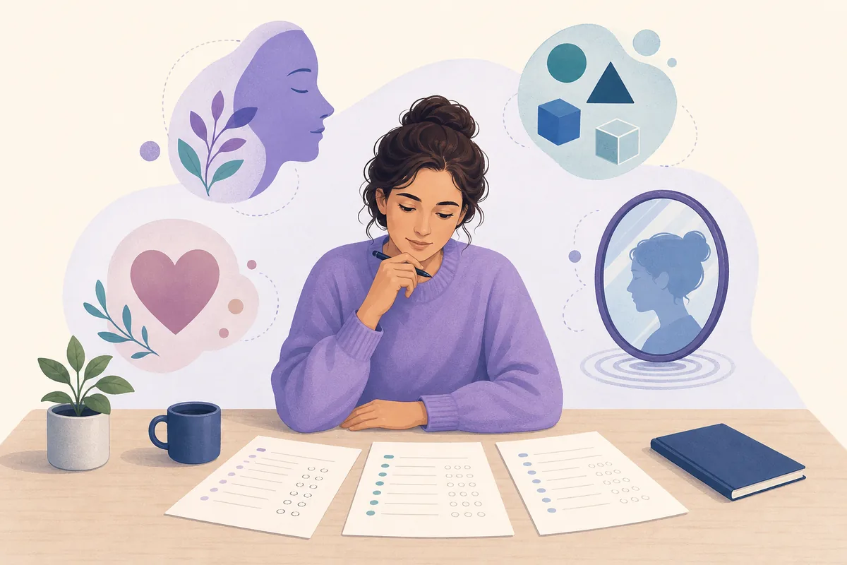 Personne comparant plusieurs questionnaires papier pour réfléchir à un test psychologique en ligne