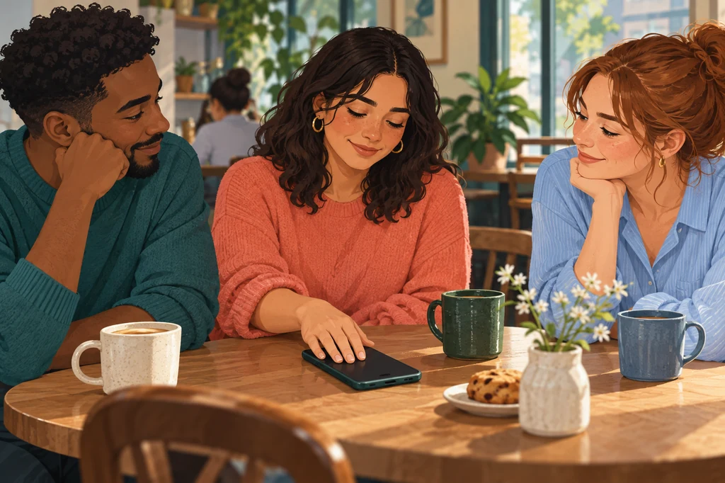 A participant keeps a quiz answer private while friends respond with relaxed, supportive body language