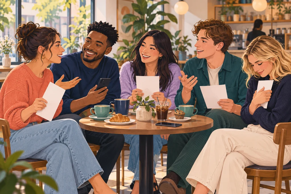 Adult friends around a cafe table taking a casual quiz without showing one another their screens