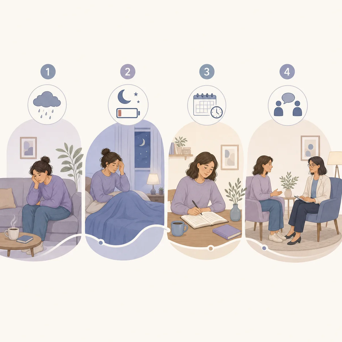 Parcours éditorial en quatre étapes pour observer son humeur, son sommeil, sa durée et demander de l’aide