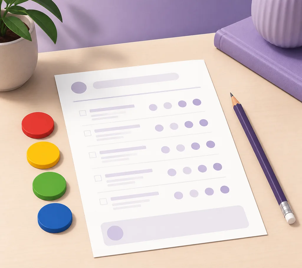 Questionnaire papier et quatre repères de couleur pour un test DISC gratuit