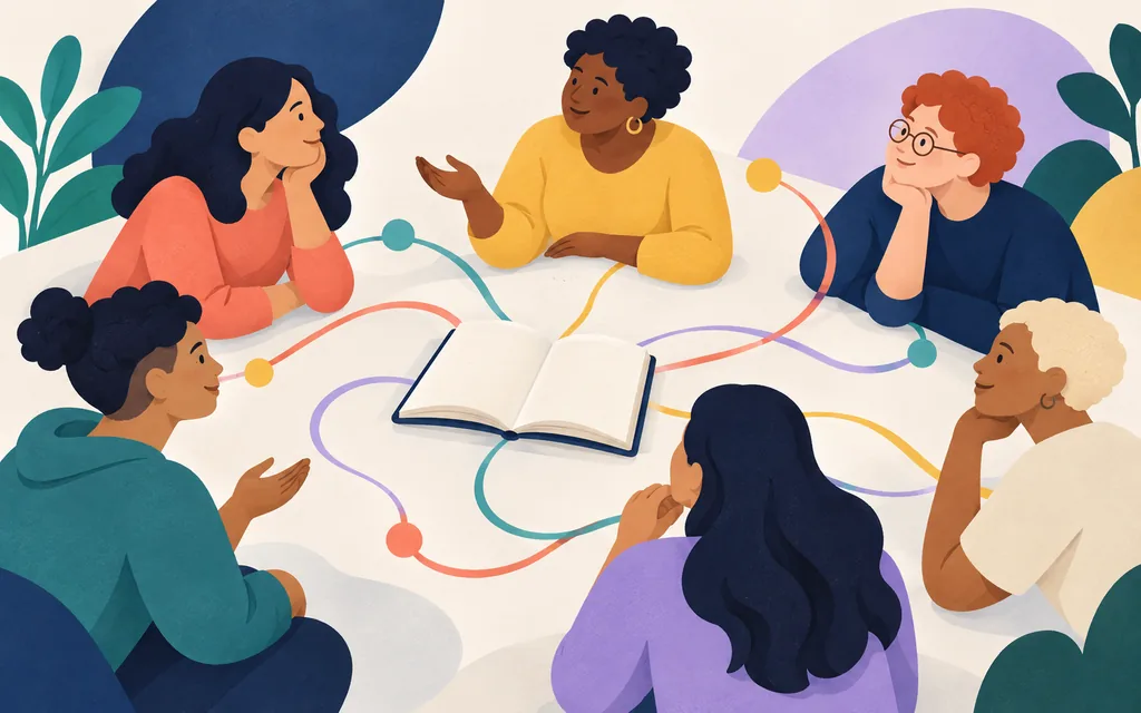 Editorial illustration of diverse people reflecting together around an open notebook