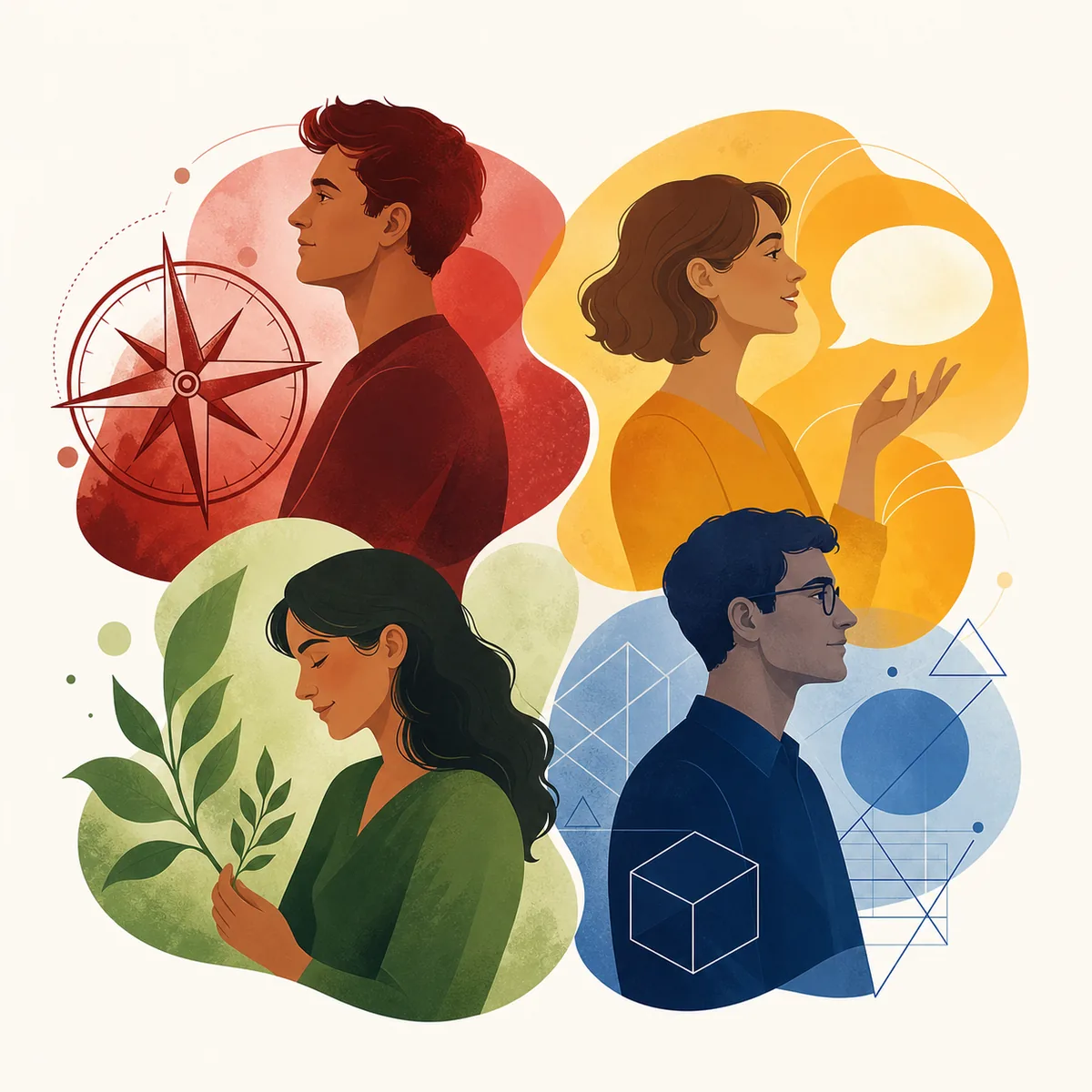 Illustration éditoriale des quatre profils de personnalité rouge jaune vert et bleu