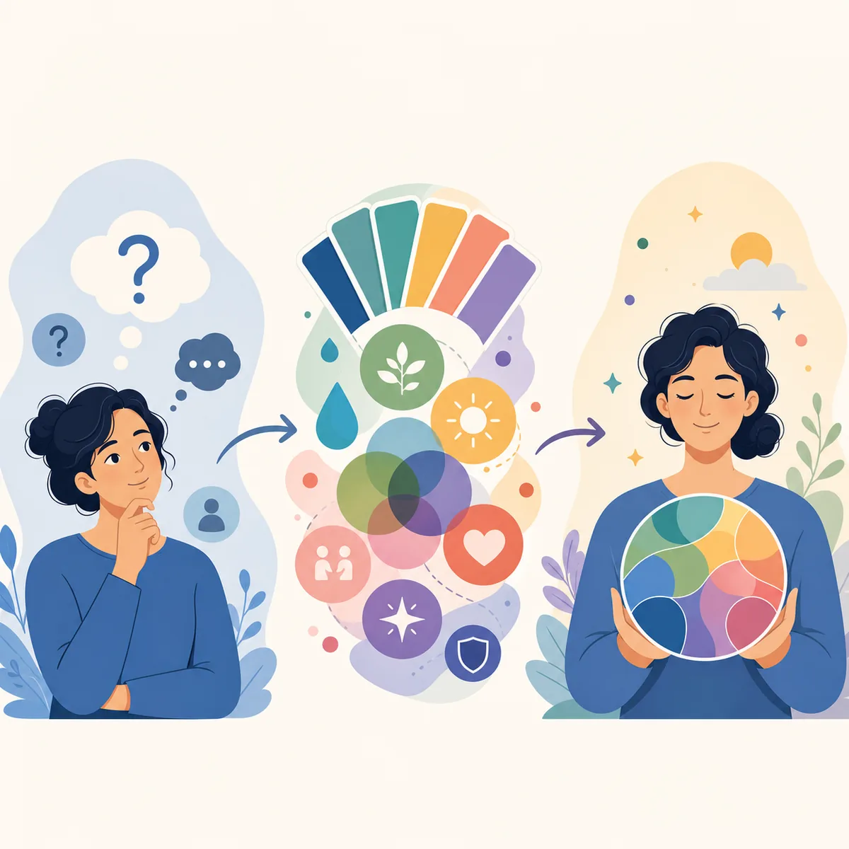 Parcours visuel montrant des questions de réflexion puis un profil de couleurs mélangées