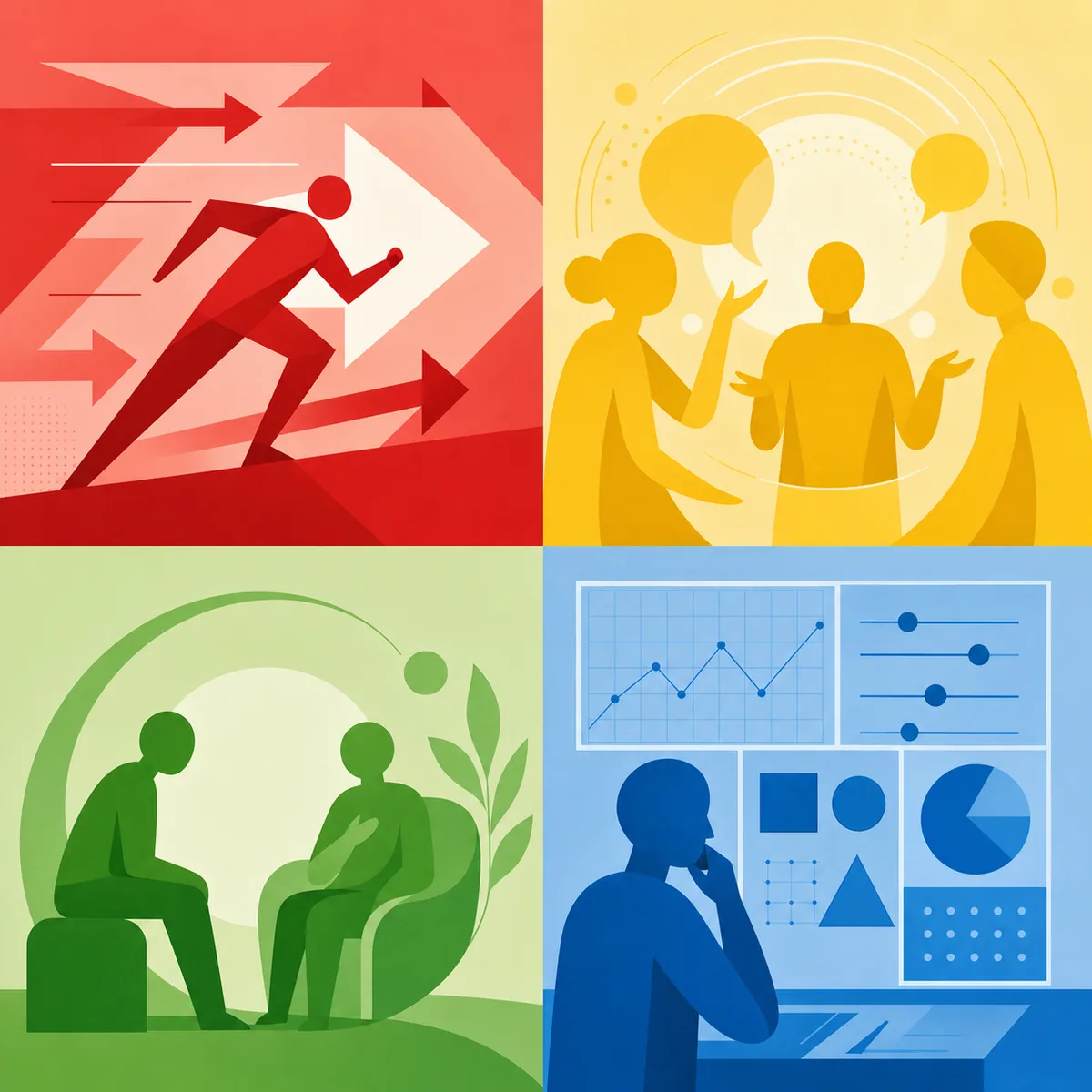 Comparaison visuelle des tendances d'action expression écoute et analyse associées aux quatre couleurs