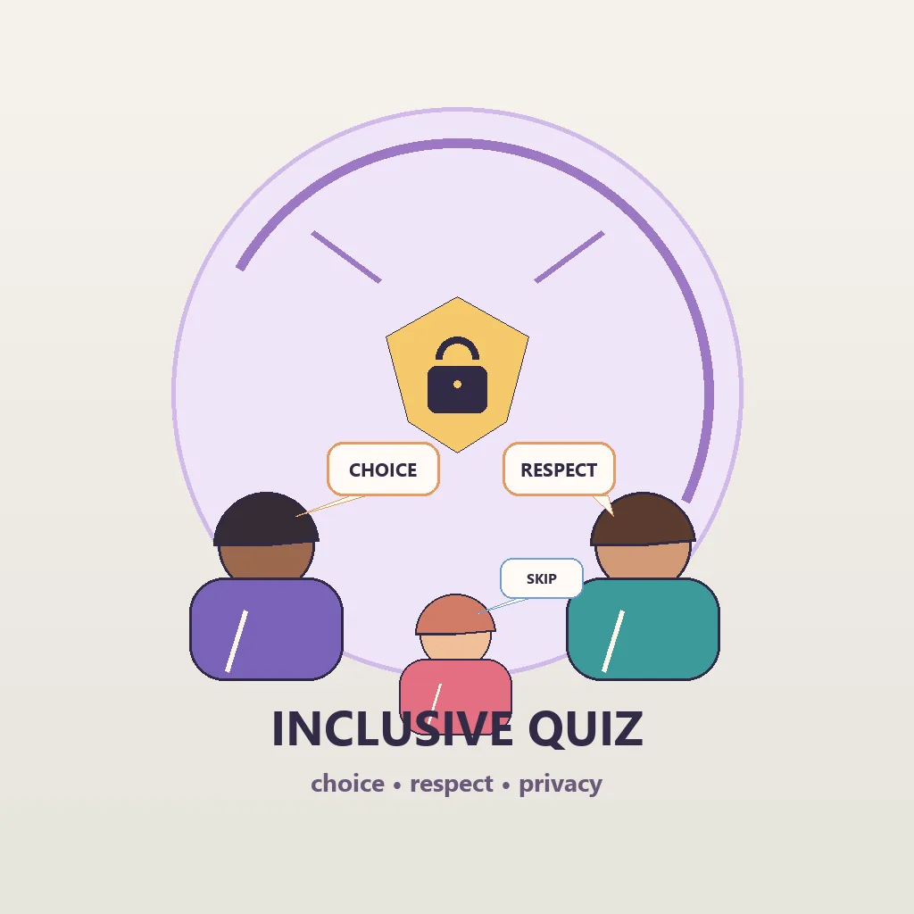 Editorial illustration of an inclusive quiz with diverse people, choice, respect and privacy symbols